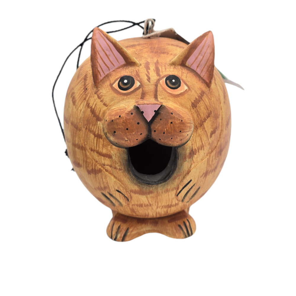 Handcrafted Orange Wooden Cat Birdhouse Ornament